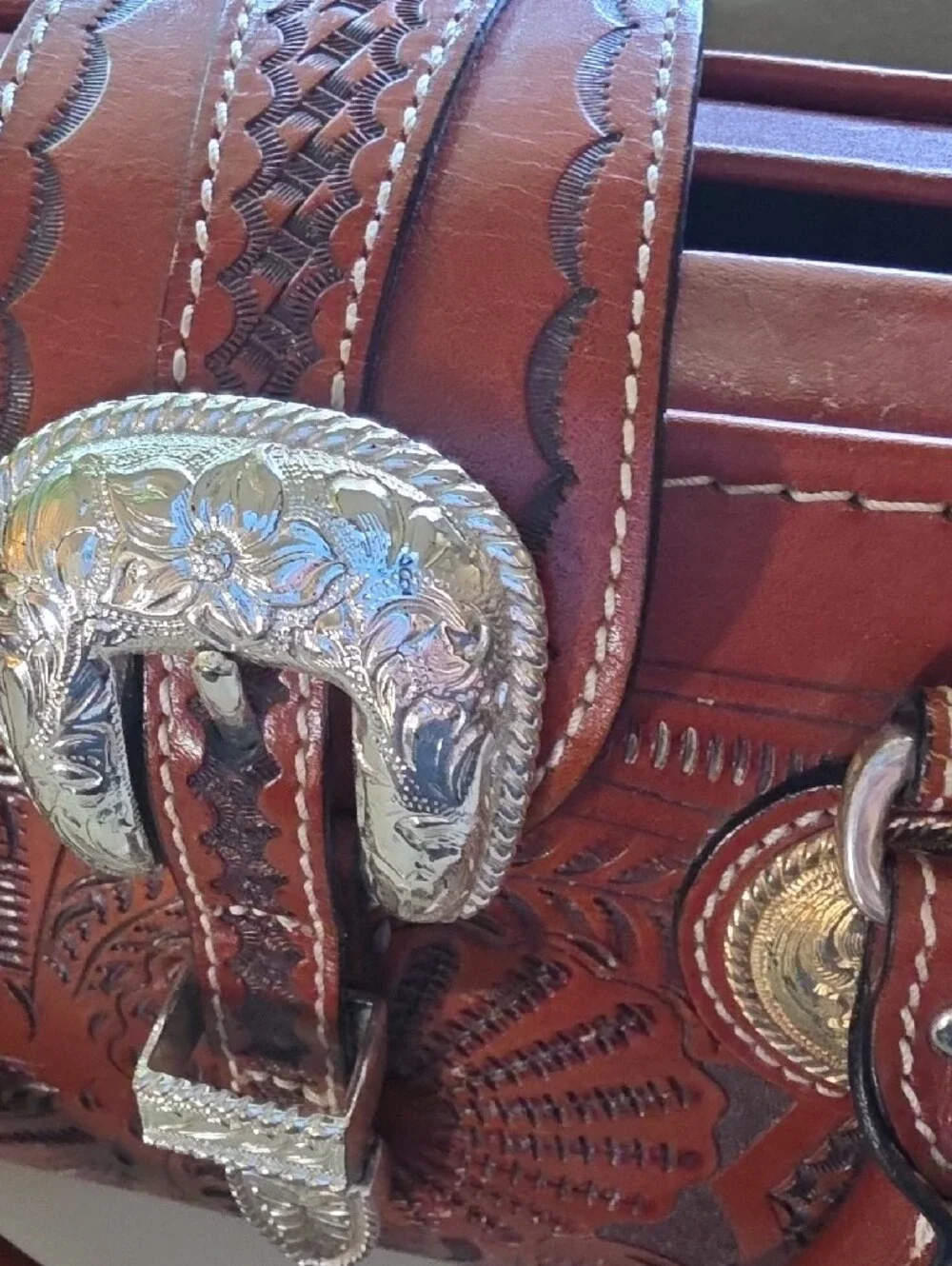 Women’s Tooled Leather Crossbody Bag in Saddle Brown with Silver Buckle